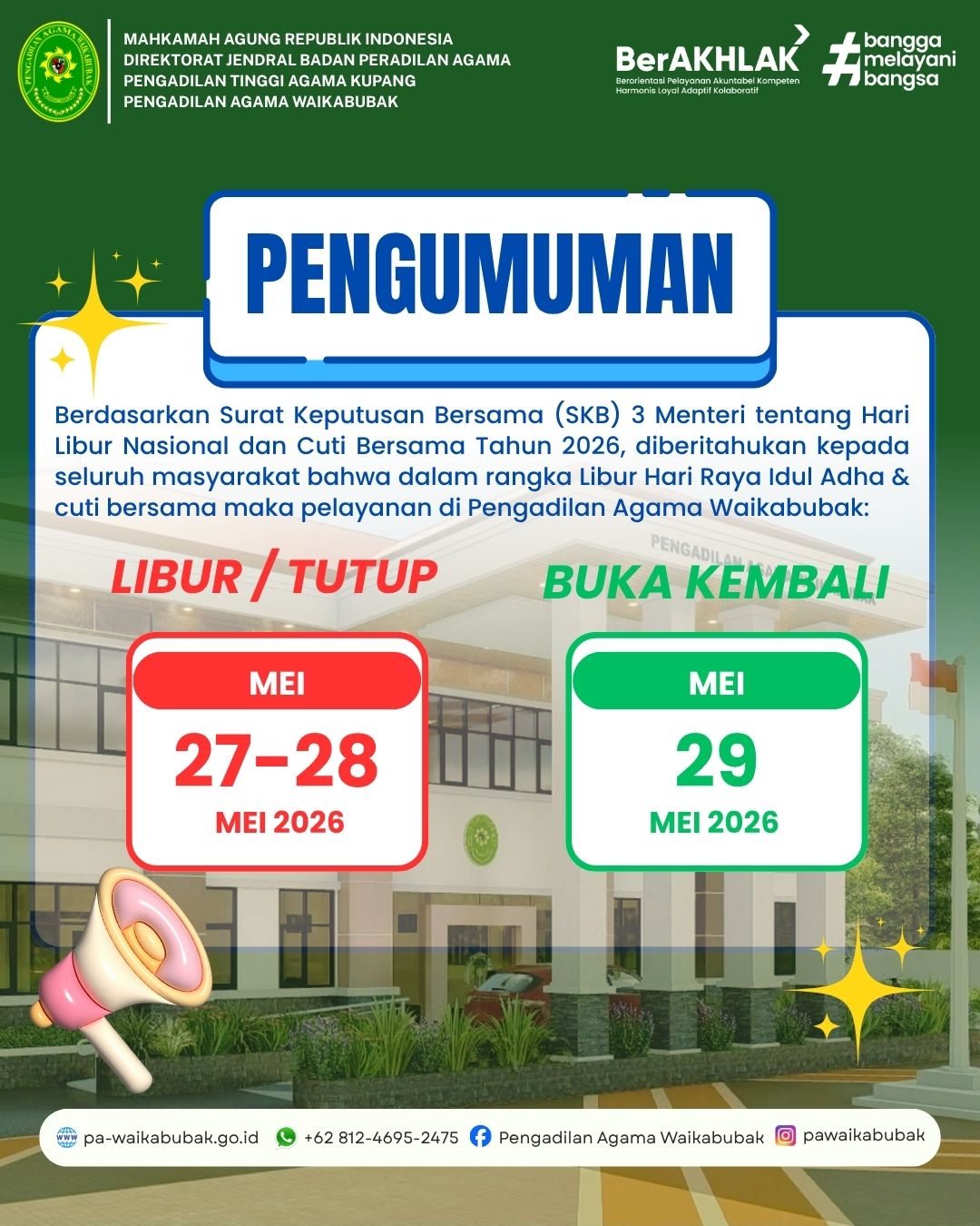   PENGUMUMAN LAYANAN Hari Libur Nasional dan Cuti Bersama Hari Raya Idul Adha 1447 H
