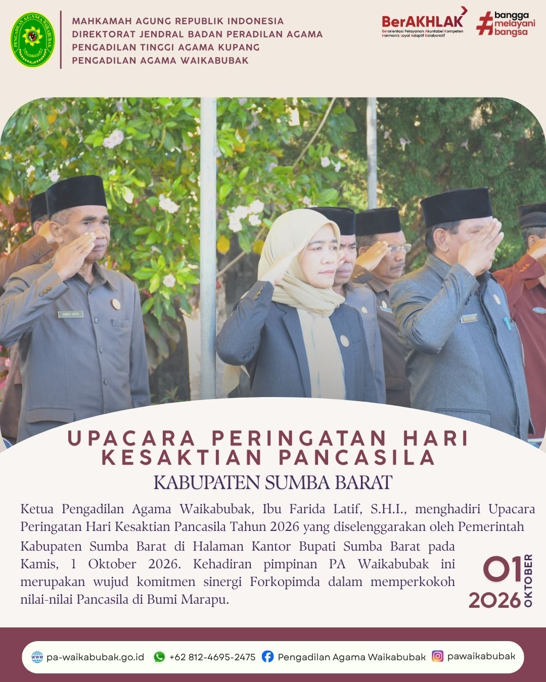 Ketua PA Waikabubak Hadiri Upacara Peringatan Hari Kesaktian Pancasila 2026 di Halaman Kantor Bupati Sumba Barat